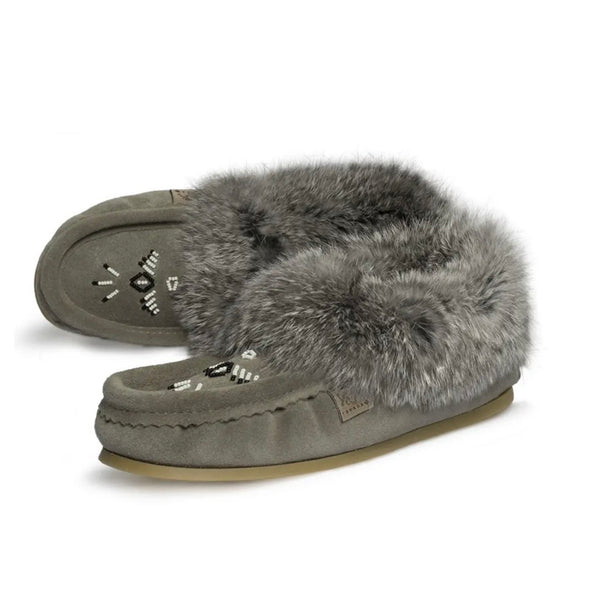 Fur Moccasin with Sole - Grey Suede