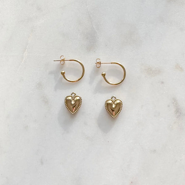Gold Fancy Puff Heart Hoop Earrings - 2 in 1 Hoops
