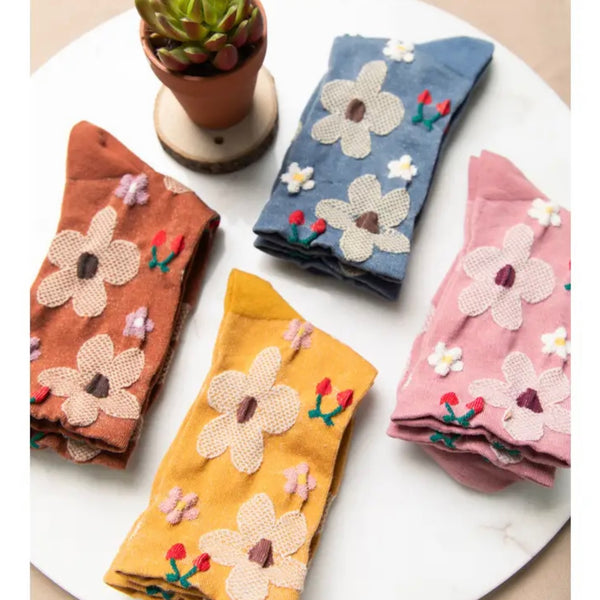Floral Printed Texture Crew Sock - Caramel