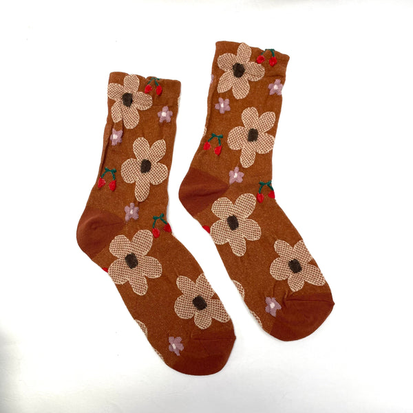Floral Printed Texture Crew Sock - Caramel